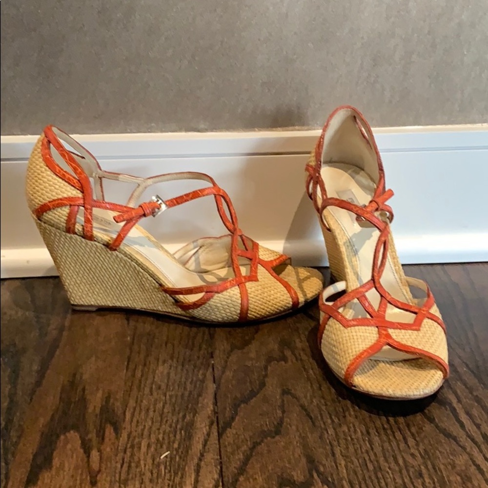 Prada wooden and red leather trim wedges